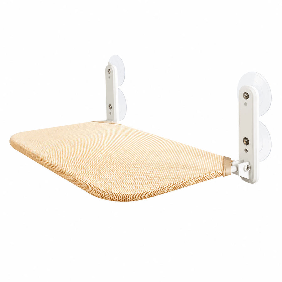 Angled view of the window perch showing the steel frame, the mesh surface and one bracket arm with its two suction cups