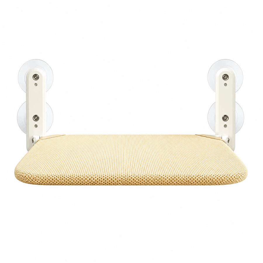 Front view of the window perch off the glass, beige mesh platform between the two bracket arms