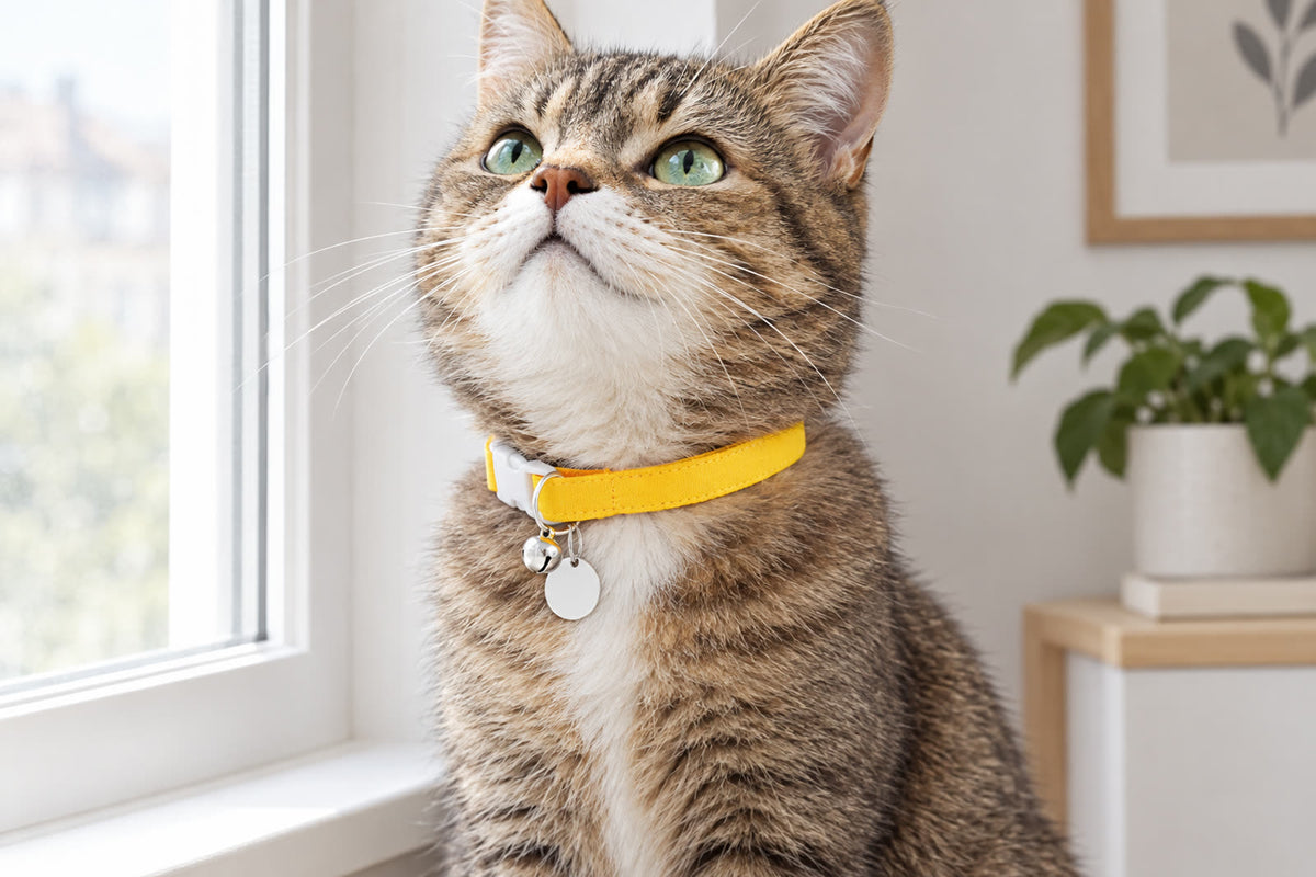 Tabby cat wearing a yellow breakaway cat collar with a bell and a blank identification tag