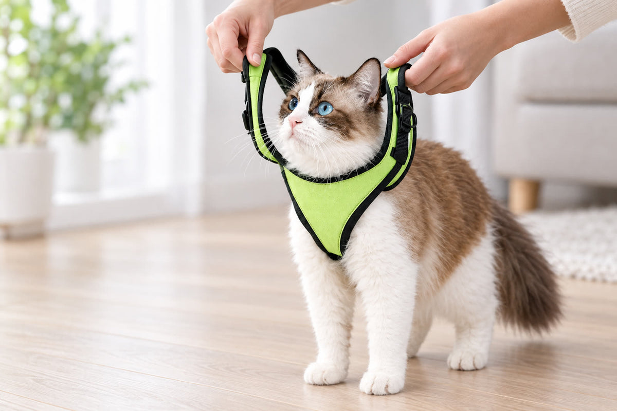Hands lowering a cat harness over the head of a calm cat standing on a wooden floor