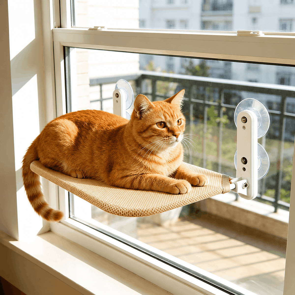 Window perch fitted to balcony glass, showing both white bracket arms and their suction cups