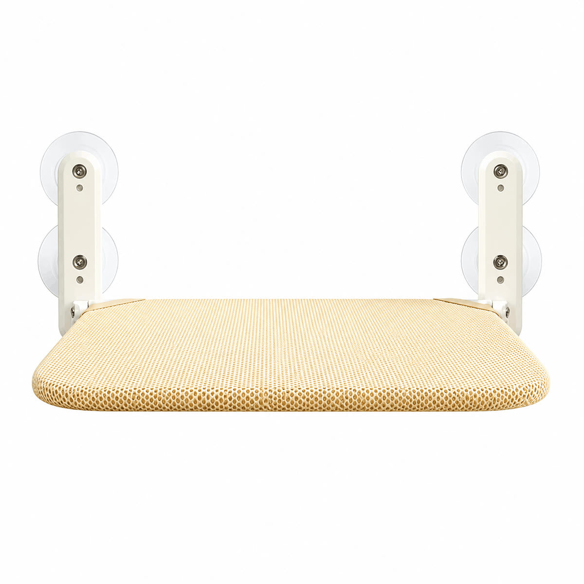 Front view of the window perch off the glass, beige mesh platform between two white bracket arms
