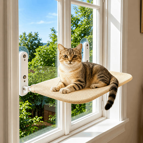 Tabby cat lying on the beige mesh platform of a window perch fixed to a sunlit window