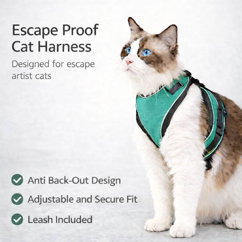 Cat wearing Pawhold escape proof cat harness
