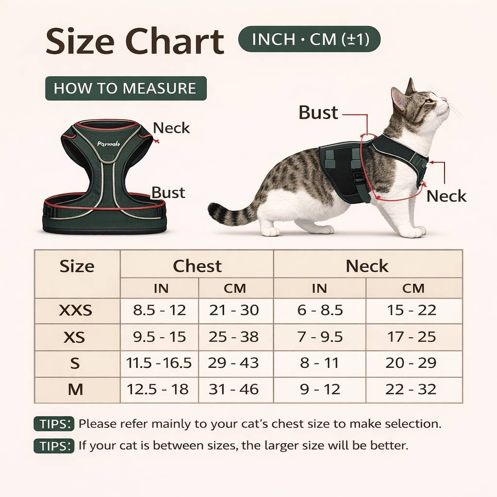 Pawhold size chart in inches for chest and neck measurements