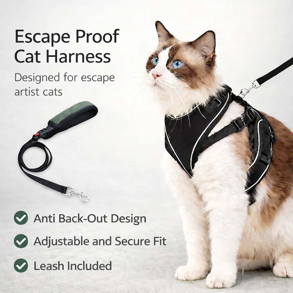Cat wearing Pawhold escape proof cat harness