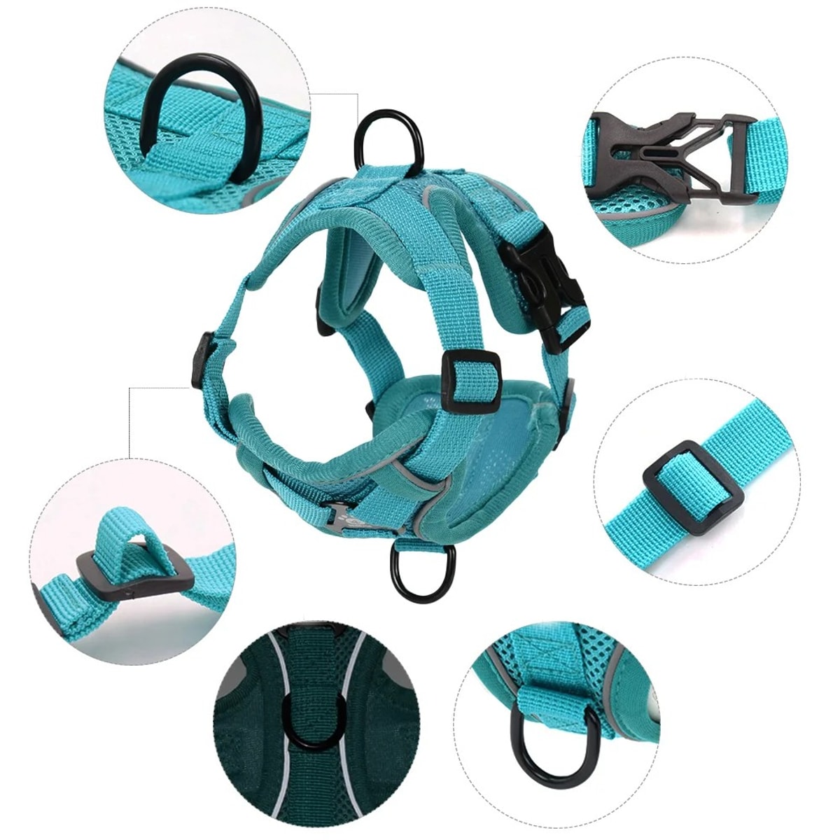 Close-ups of the teal Pawhold harness: back ring, side buckle, slider, strap keeper, front ring and reflective piping