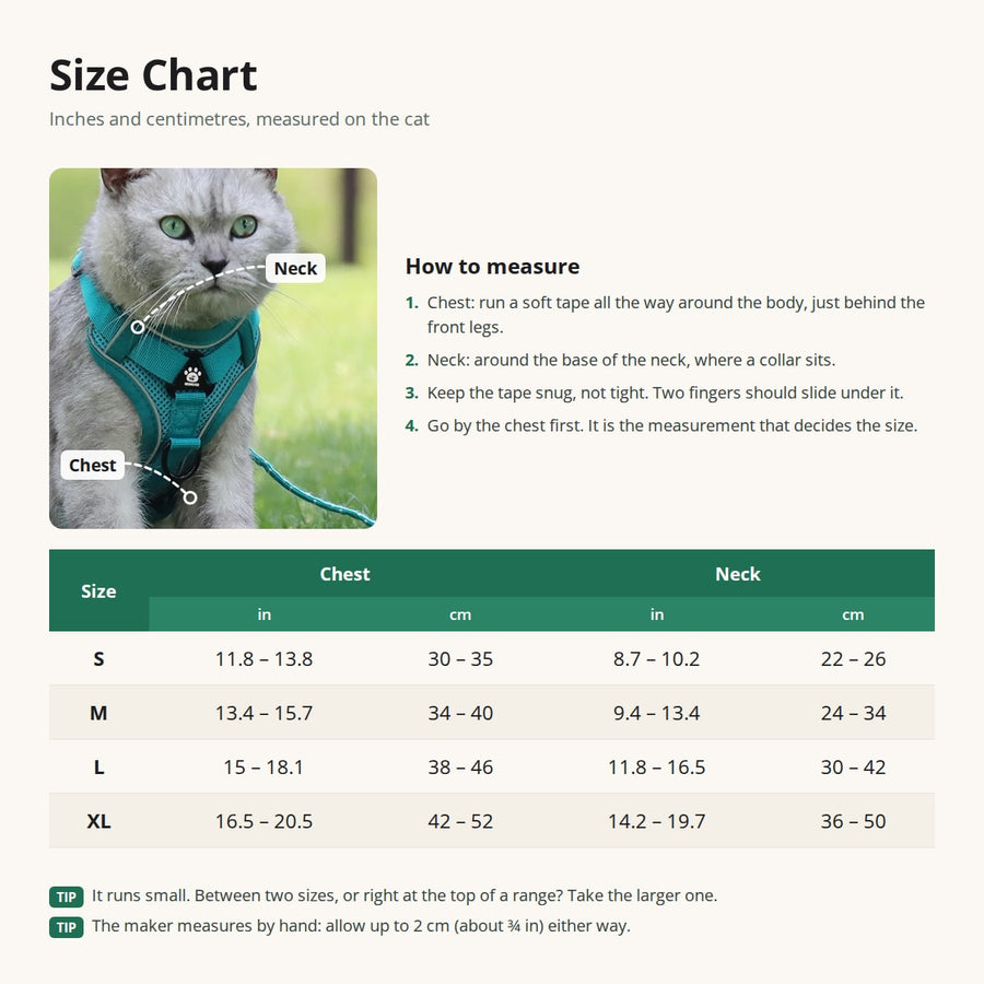 Pawhold cat harness size chart: how to measure chest and neck, with sizes S to XL in inches and centimetres