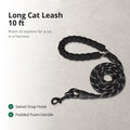 Pawhold long cat leash, 10 ft of black reflective rope with a padded foam handle and a swivel snap hook