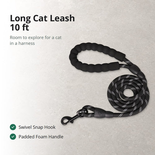 Pawhold long cat leash, 10 ft of black reflective rope with a padded foam handle and a swivel snap hook