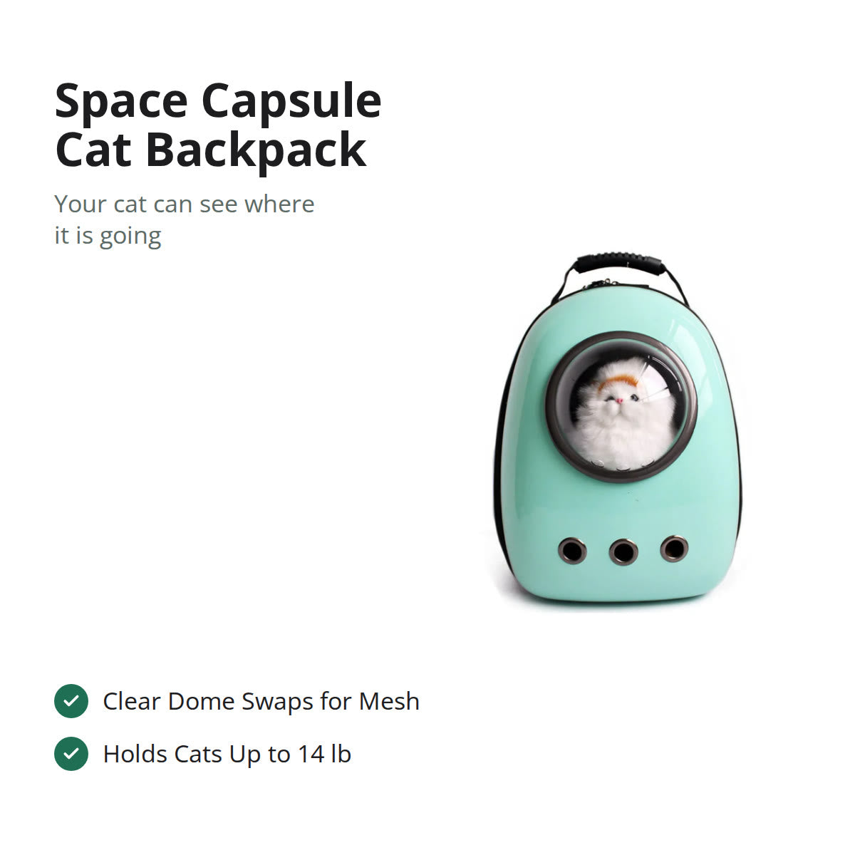 Green space capsule cat backpack carrier with a clear bubble dome, a cat looking out