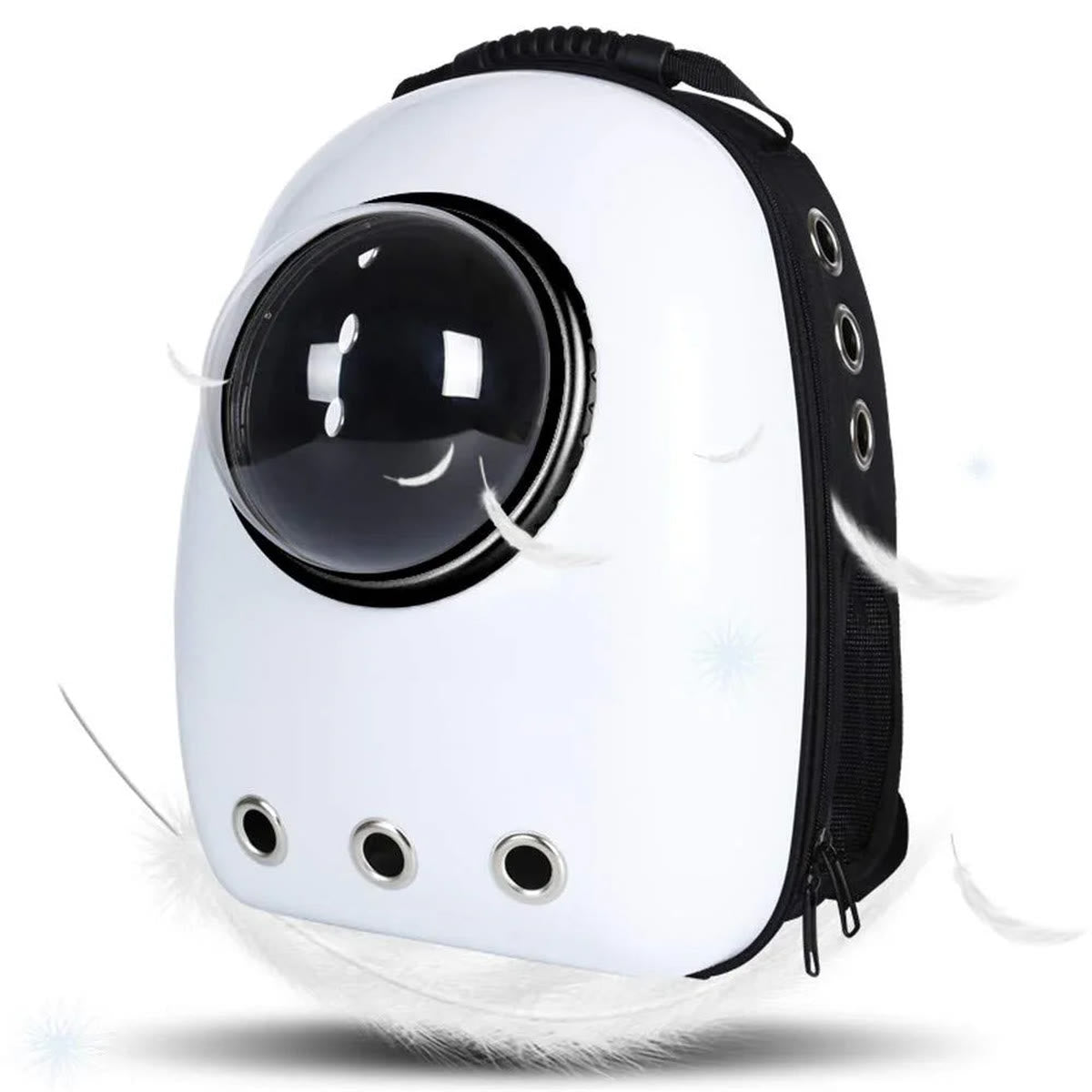 White bubble carrier seen from the side, showing the zip, the side vent holes and the padded shoulder straps