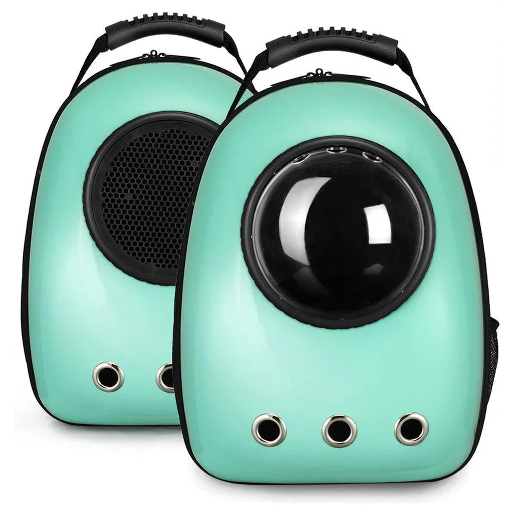 The same green carrier twice, the breathable mesh cover fitted on the left and the clear dome on the right
