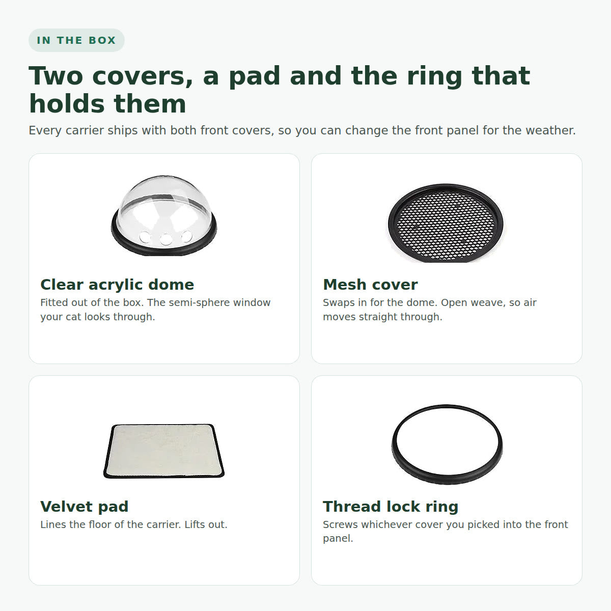 In the box: clear acrylic dome, mesh cover, velvet pad and thread lock ring